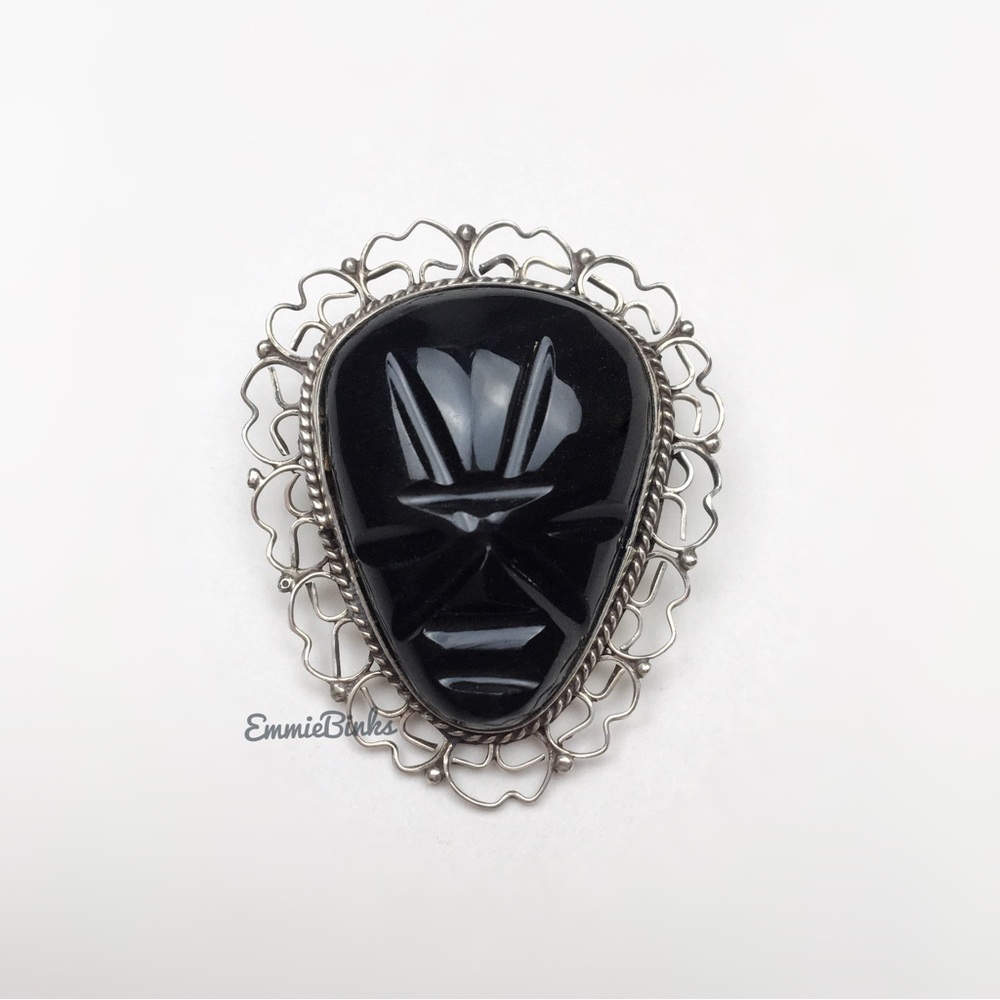 Vintage Taxco Black Onyx Hand Carved Tribal Brooch / Vtg Taxco Mexico Warrior